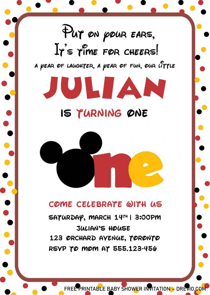 Cute Mickey Mouse Birthday Invitation Templates - Editable With MS Word and comes with Polka dot pattern