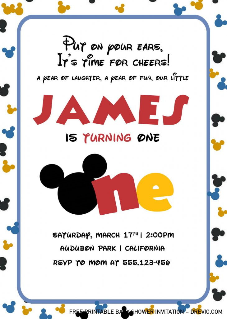 Cute Mickey Mouse Birthday Invitation Templates - Editable With MS Word and comes with Mickey Ears Background
