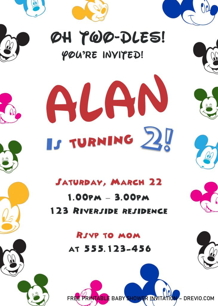 Cute Mickey Mouse Birthday Invitation Templates - Editable With MS Word and comes with Cute Mickey Mouse Illustrations