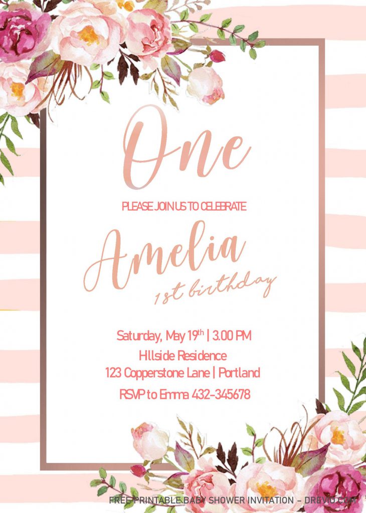 Blush Pink 1st birthday invitations Templates - Editable on MS Word With Watercolor Floral