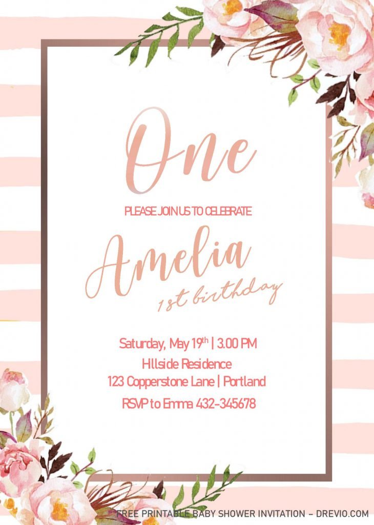 Blush Pink 1st birthday invitations Templates - Editable on MS Word With Hand Drawn Stripes Background