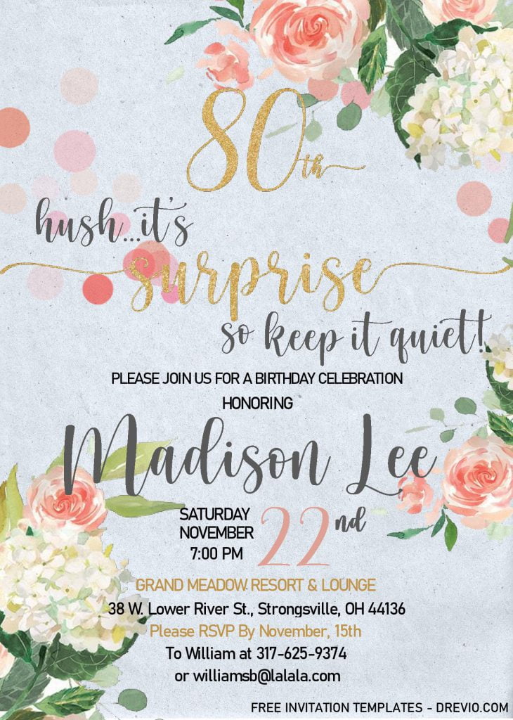 Floral 80th Birthday Invitation Templates - Editable With MS Word and decorated with Canvas background