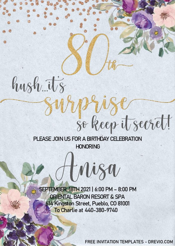 Floral 80th Birthday Invitation Templates - Editable With MS Word and decorated with Gold Glitter