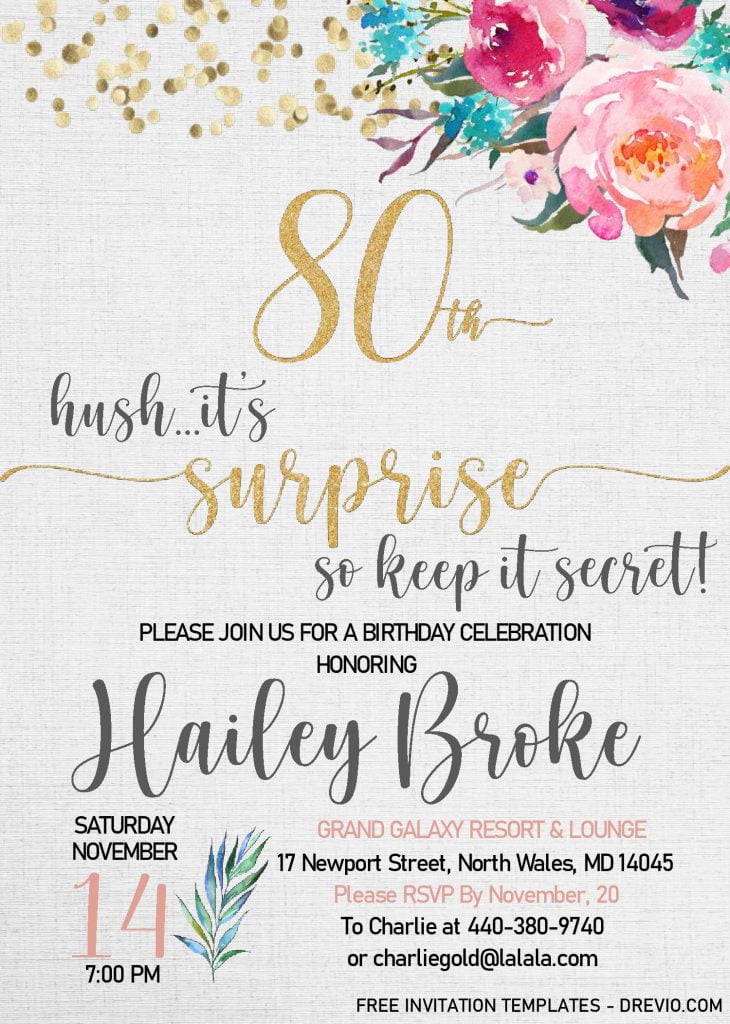 Floral 80th Birthday Invitation Templates - Editable With MS Word and decorated with Aesthetic Fonts