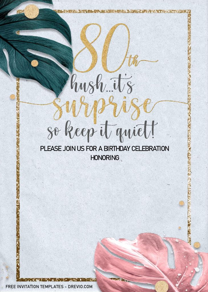 Floral 80th Birthday Invitation Templates - Editable With MS Word and decorated with Gold Text Frame