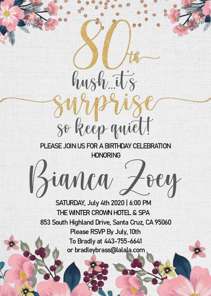 Floral 80th Birthday Invitation Templates - Editable With MS Word and decorated with Watercolor Floral
