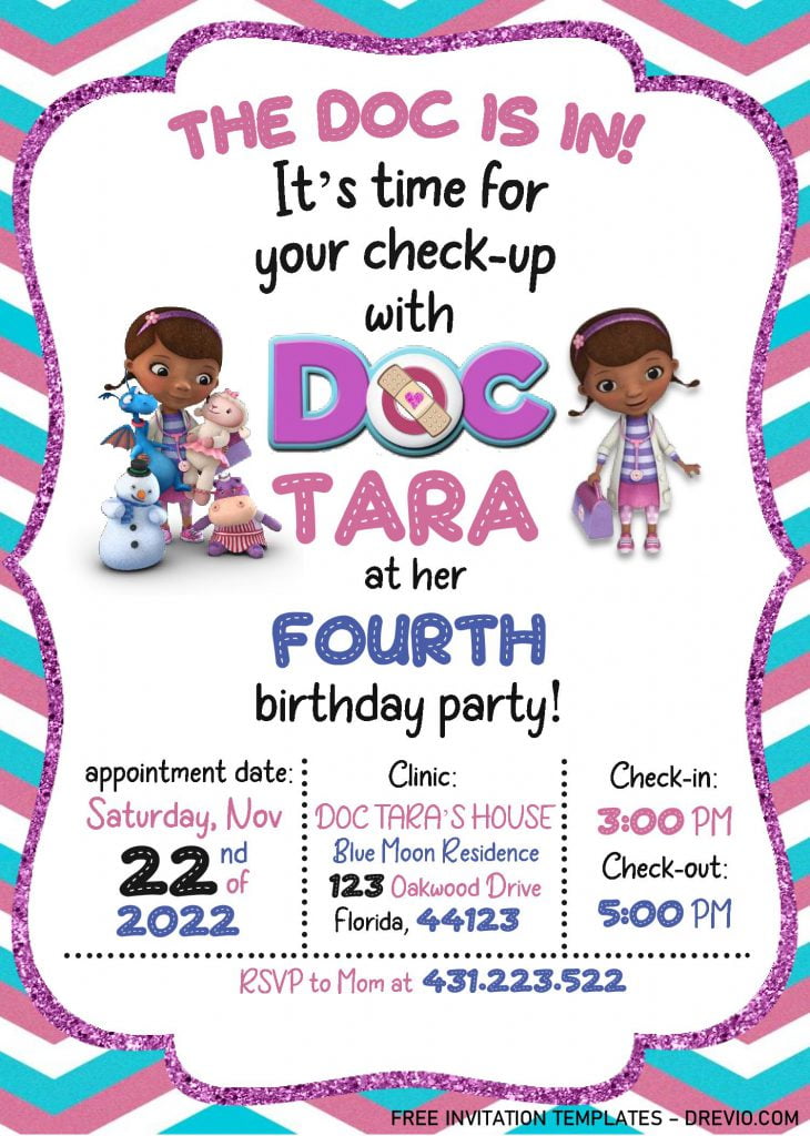 Doc McStuffins Birthday Invitation Templates - Editable With MS Word and decorated with adorable Font styles