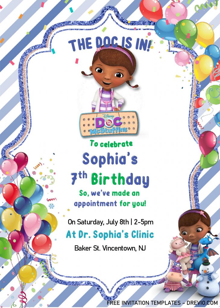 Doc McStuffins Birthday Invitation Templates - Editable With MS Word and decorated with Colorful Balloons