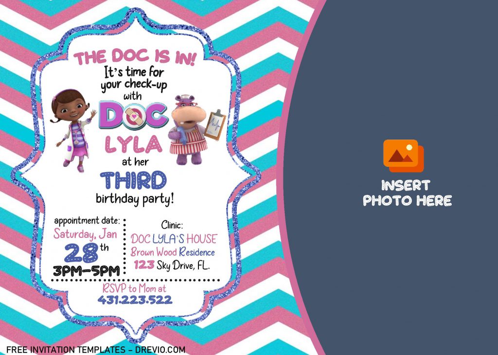 Doc McStuffins Birthday Invitation Templates - Editable With MS Word and has Photo Frame