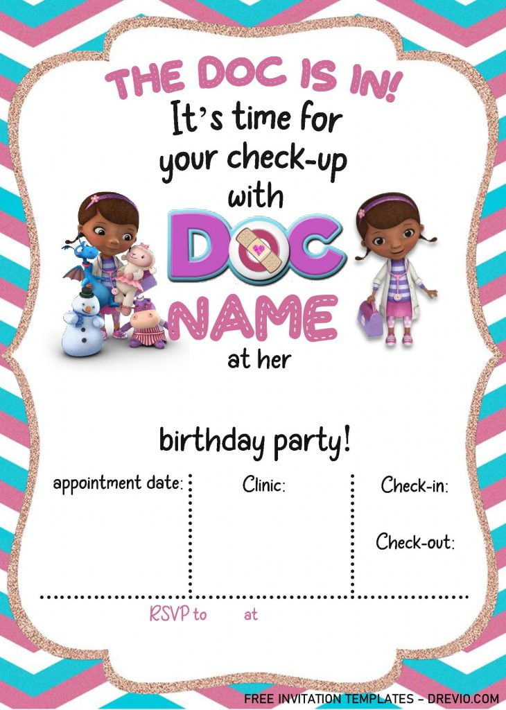 Doc McStuffins Birthday Invitation Templates - Editable With MS Word and decorated with Glitter Pink Text Frame