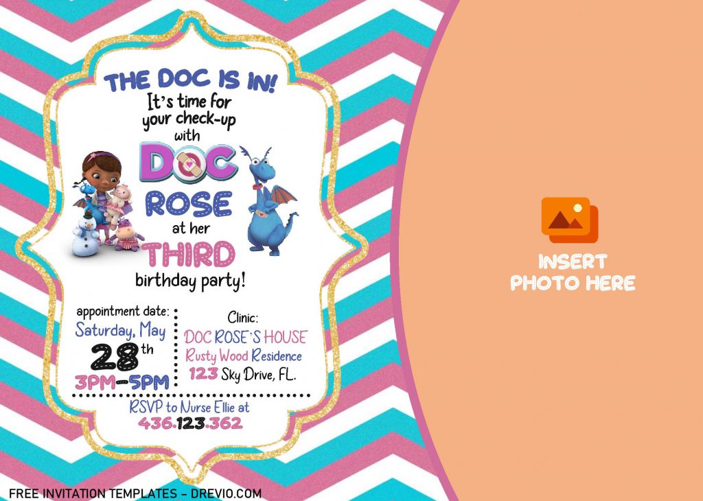 Doc McStuffins Birthday Invitation Templates - Editable With MS Word and decorated with Landscape Orientation