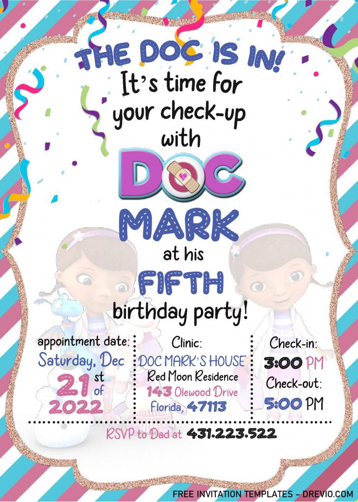 Doc McStuffins Birthday Invitation Templates - Editable With MS Word and decorated with Cute Stripes