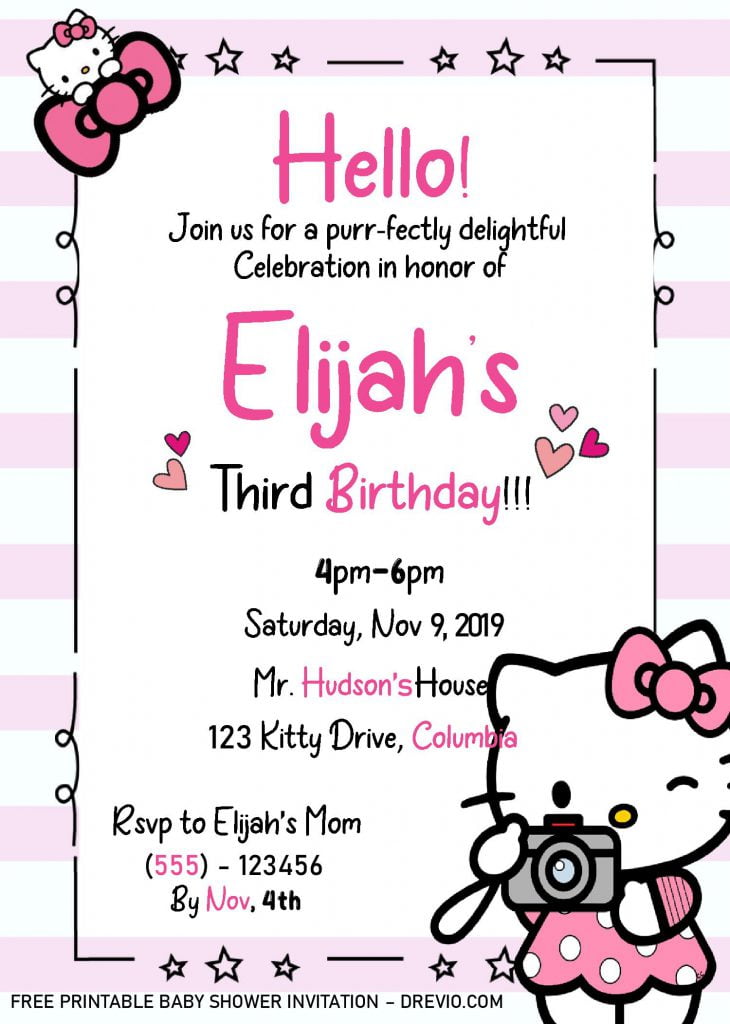 Hello Kitty Invitation Templates - Editable With Ms Word and decorated with Hand drawn stripes