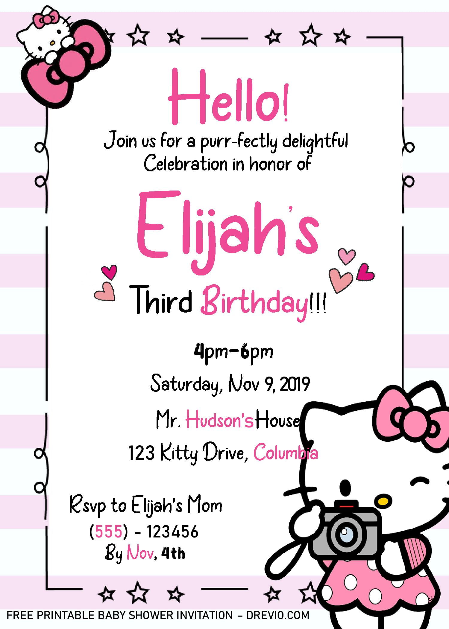 Hello Kitty Invitation Templates – Editable With Ms Word Intended For Hello Kitty Birthday Card Template Free