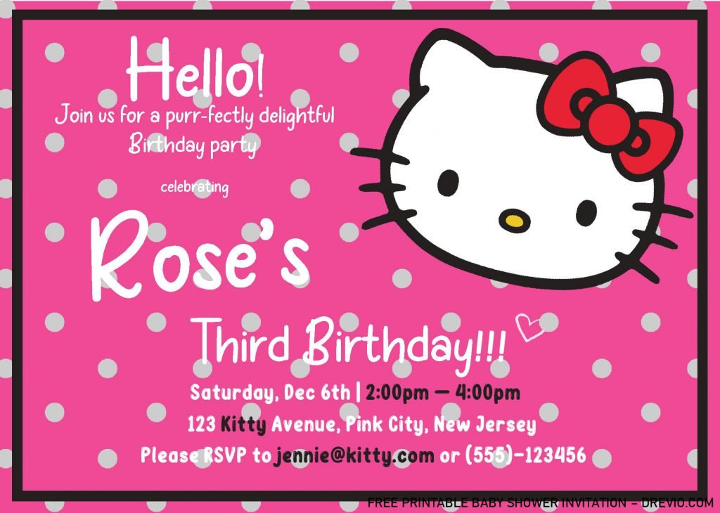 Hello Kitty Invitation Templates - Editable With Ms Word and decorated with Landscape Orientation Card