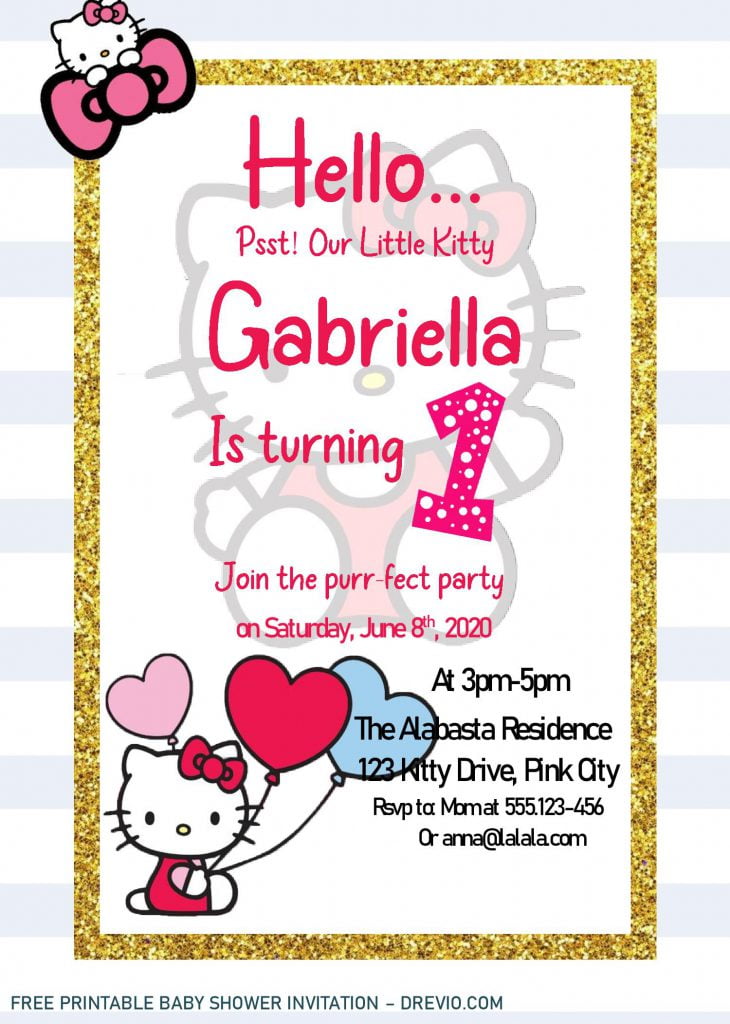 Hello Kitty Invitation Templates - Editable With Ms Word and decorated with Gold Text Frame