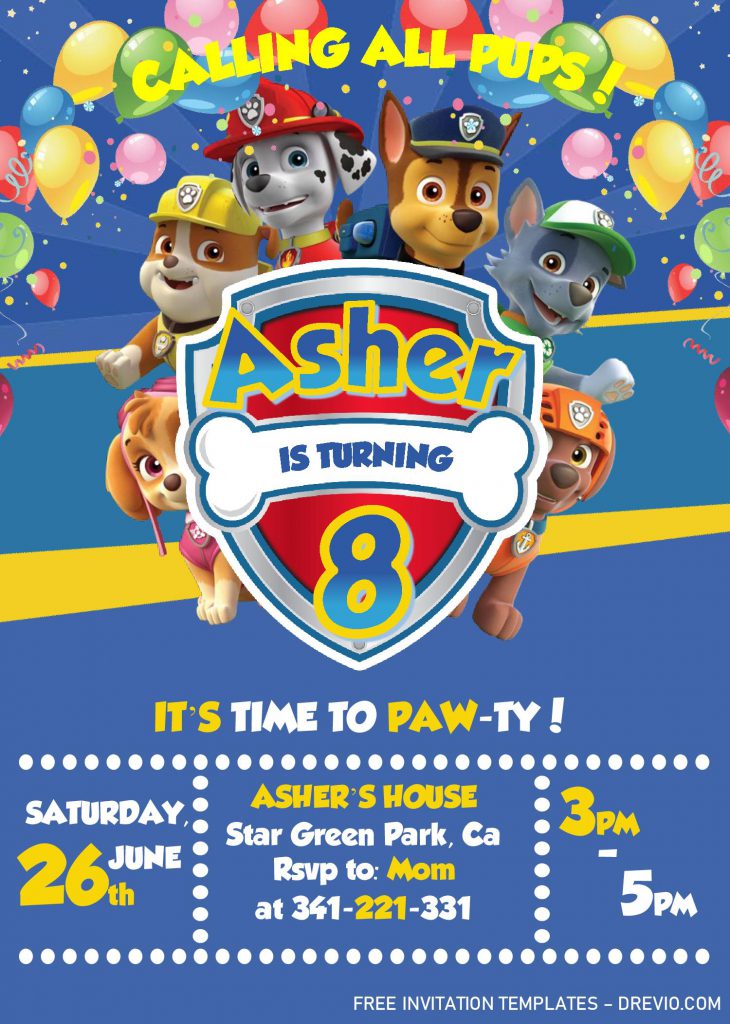 Paw Patrol Invitation Templates - Editable With MS Word and decorated with 