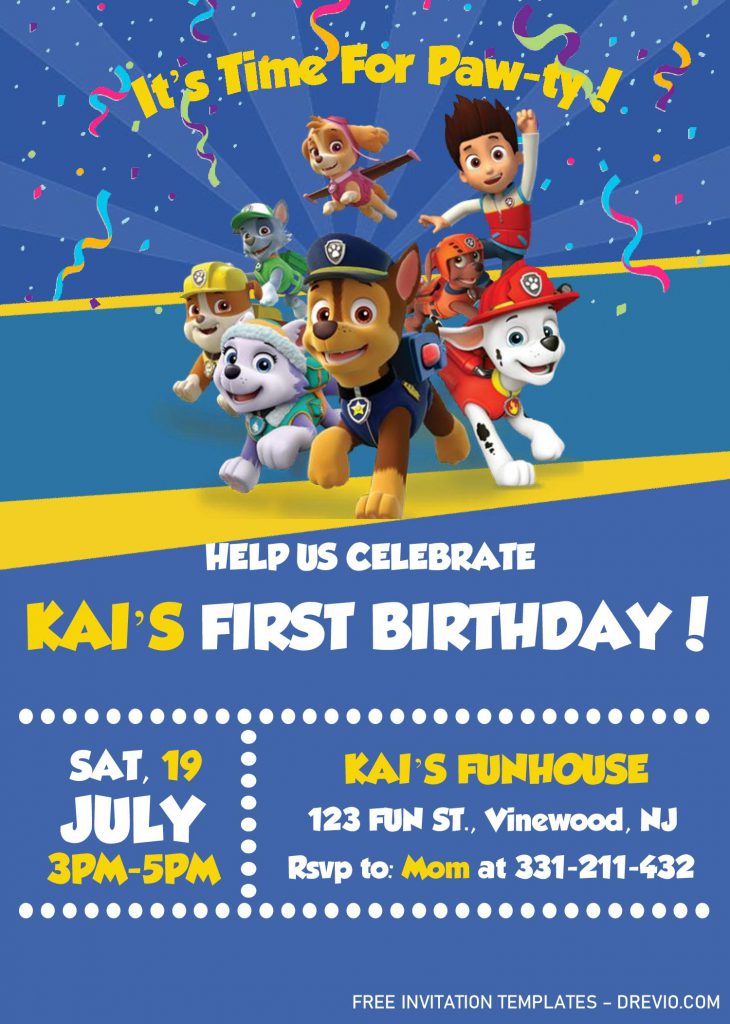 Paw Patrol Invitation Templates - Editable With MS Word and decorated with cute paw patrol's characters