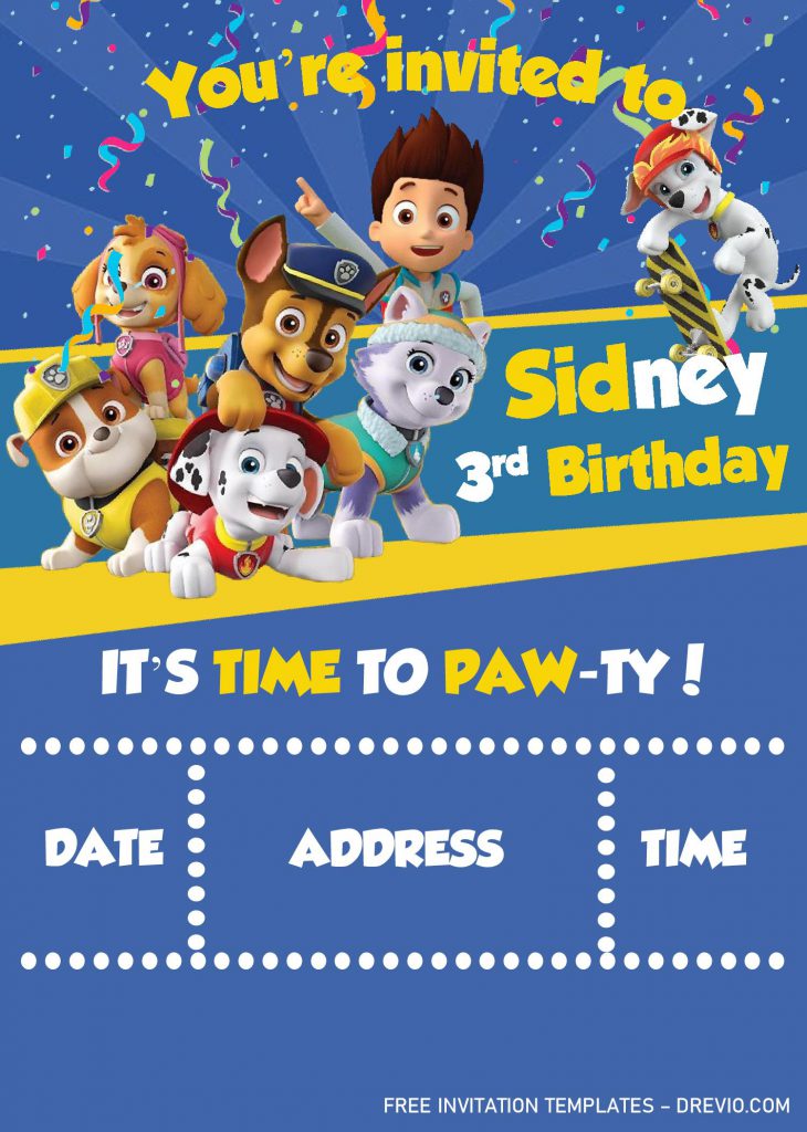 Paw Patrol Invitation Templates - Editable With MS Word and decorated with colorful confetti
