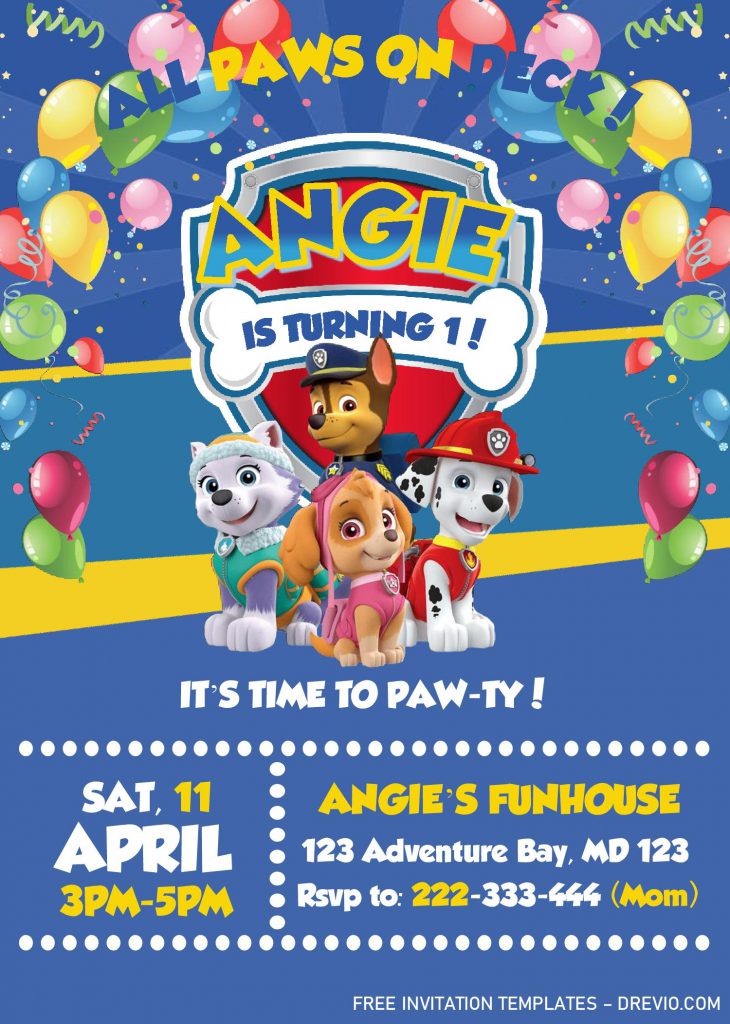 Paw Patrol Invitation Templates - Editable With MS Word and decorated with colorful balloons