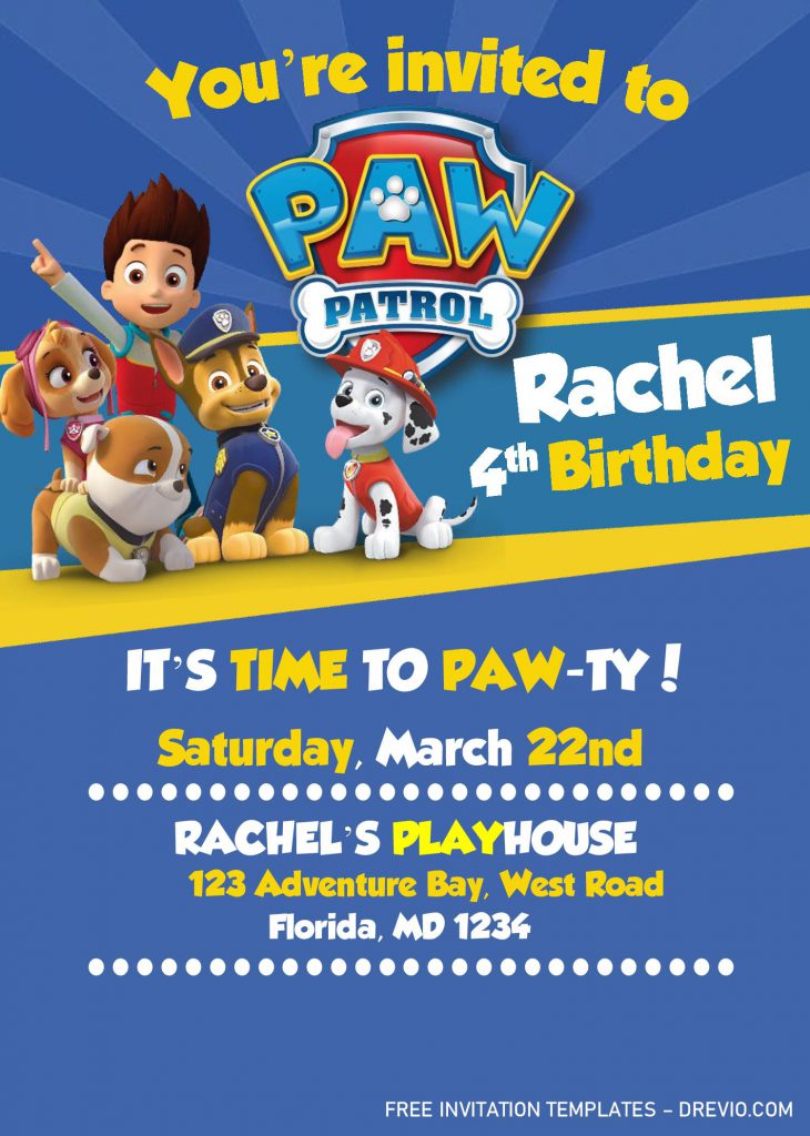Paw Patrol Invitation Templates - Editable With MS Word and decorated with Blue Background