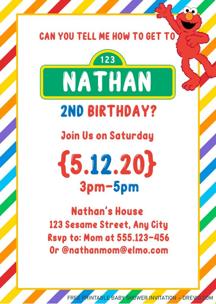Sesame Street Invitation Templates For Birthday Boys and Girls With Diagonal Stripes