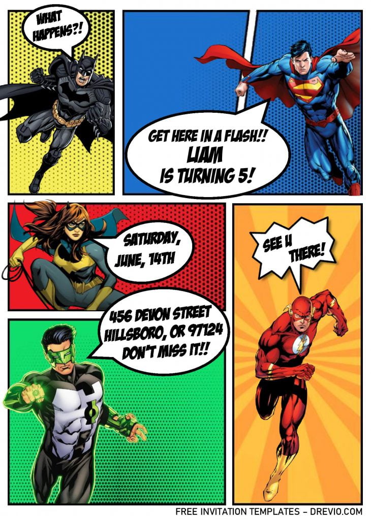 Superhero Comic Invitation Templates - Editable With Ms Word and decorated with Green Lantern and The Flash