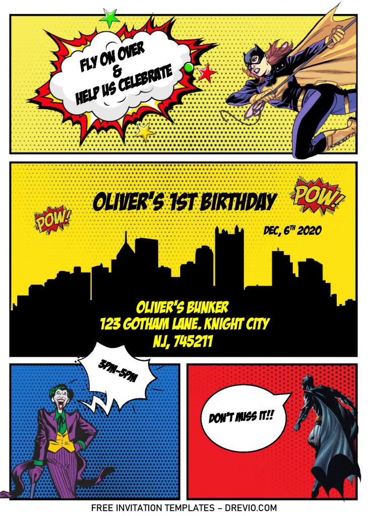Superhero Comic Invitation Templates - Editable With Ms Word and decorated with Gotham City Silhouette