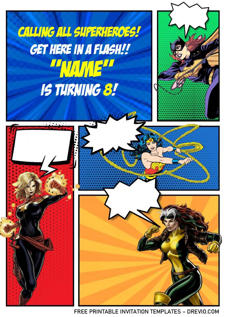 Superhero Comic Invitation Templates - Editable With Ms Word and decorated with Justice Leagues Heroes