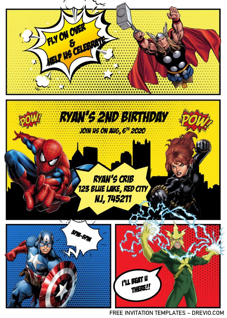 Superhero Comic Invitation Templates - Editable With Ms Word and decorated with Marvel Avengers Heroes