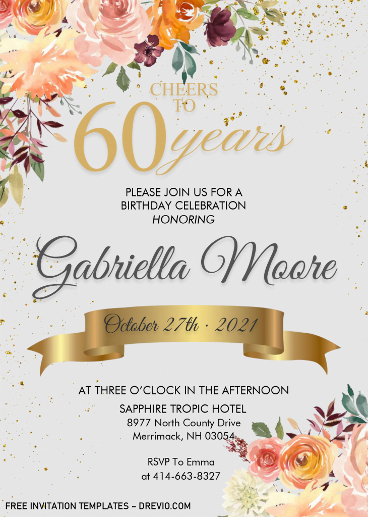 Floral 60th Birthday Invitation Templates - Editable With MS Word