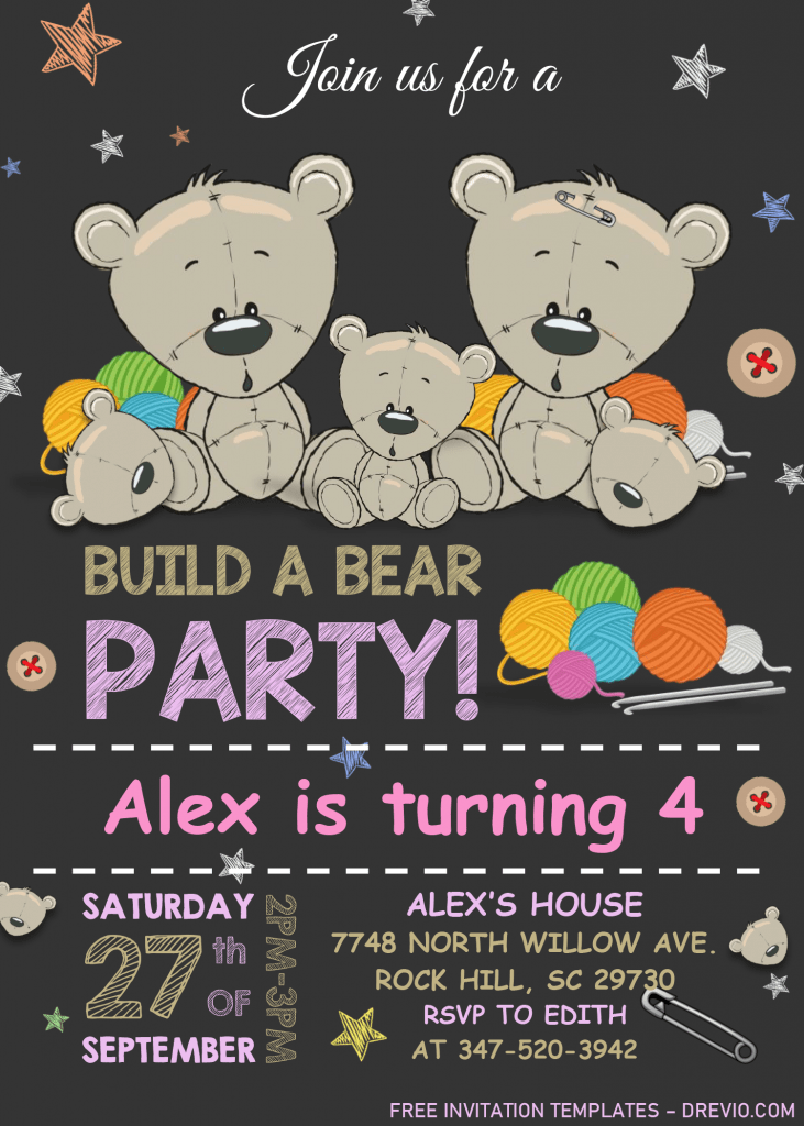 Build A Bear Birthday Invitation Templates - Editable With MS Word and Has colorful stars