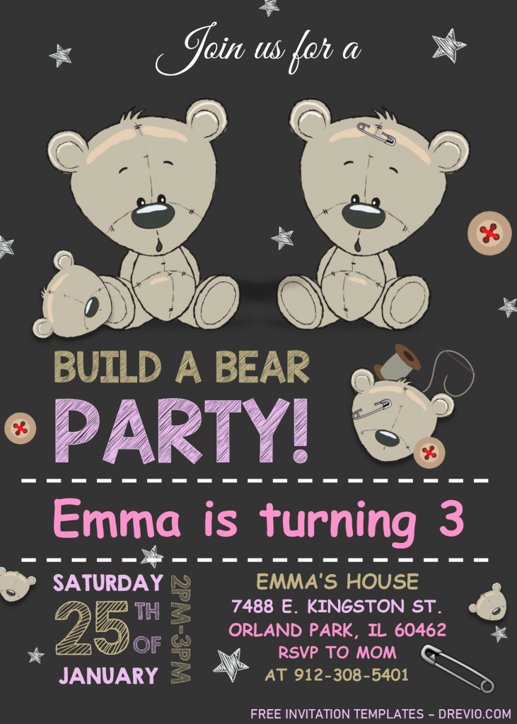 Build A Bear Birthday Invitation Templates - Editable With MS Word and Has adorable font styles