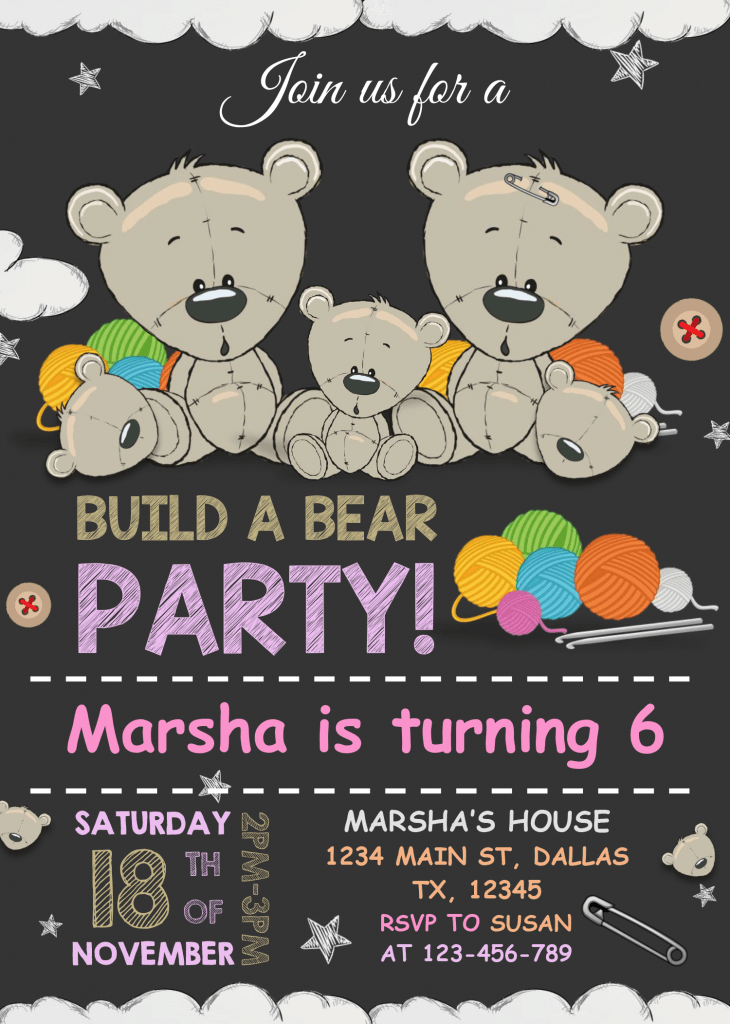 Build A Bear Birthday Invitation Templates - Editable With MS Word and Has black gray background