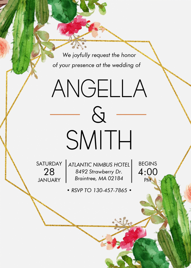 Watercolor Cactus Invitation Templates - Editable With MS Word and has Gold Frame