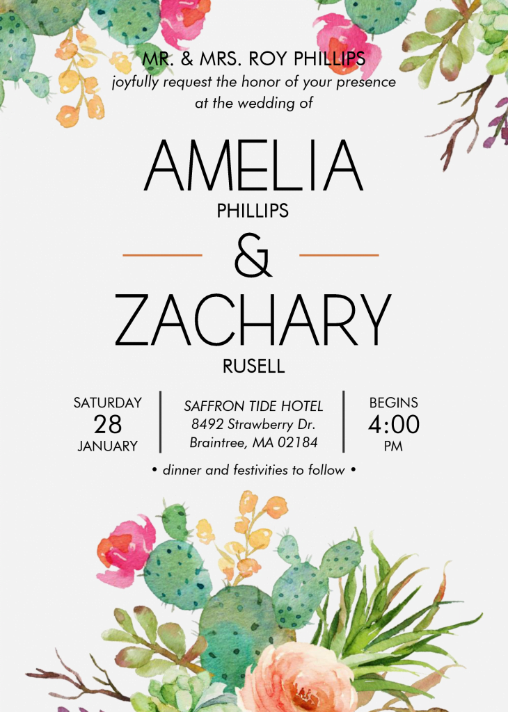 Watercolor Cactus Invitation Templates - Editable With MS Word and has Watercolor Cactus Graphics
