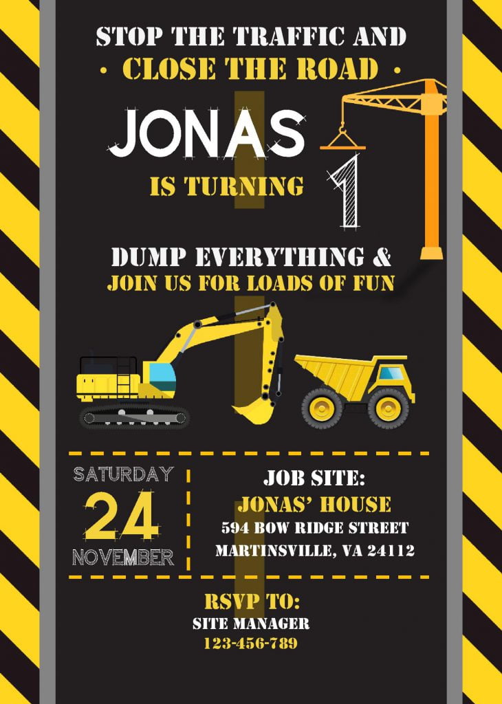 Construction Birthday Invitation Templates - Editable With MS Word and has black gray background