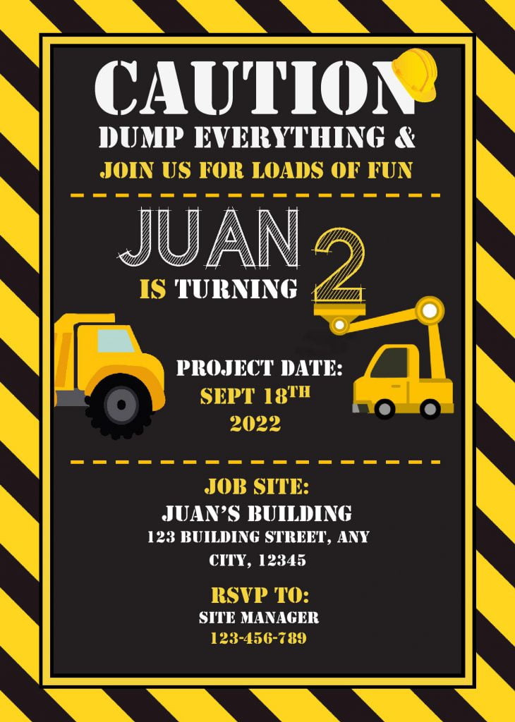 Construction Birthday Invitation Templates - Editable With MS Word and has dump truck and awesome font styles