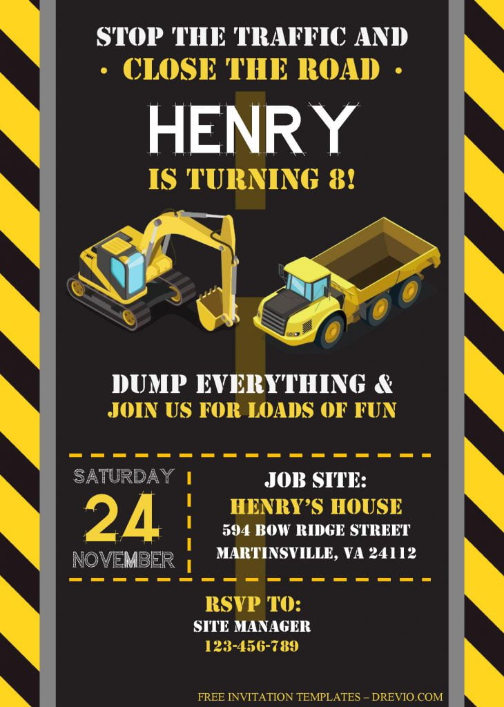 Construction Birthday Invitation Templates - Editable With MS Word and has Excavator and truck