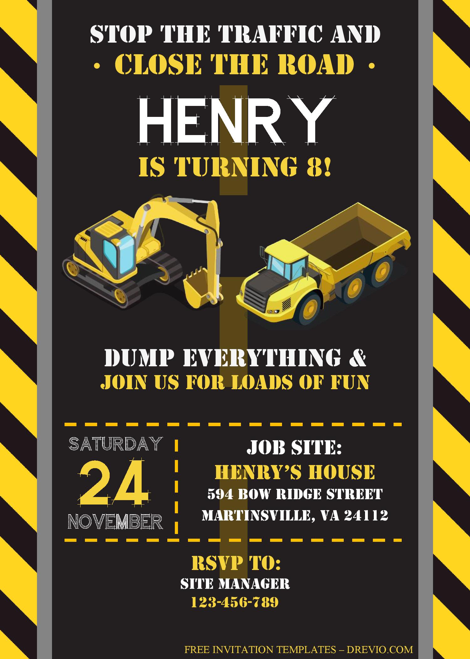 Construction Birthday Invitation Free Template