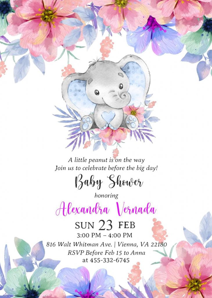 Watercolor Baby Elephant Invitation Templates - Editable With MS Word and has pink and blue roses
