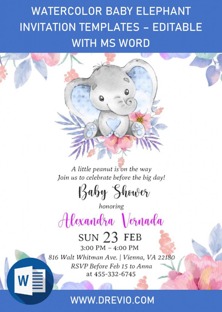 Invitation Template of Watercolor Baby Elephant Invitation Templates - Editable With MS Word 1