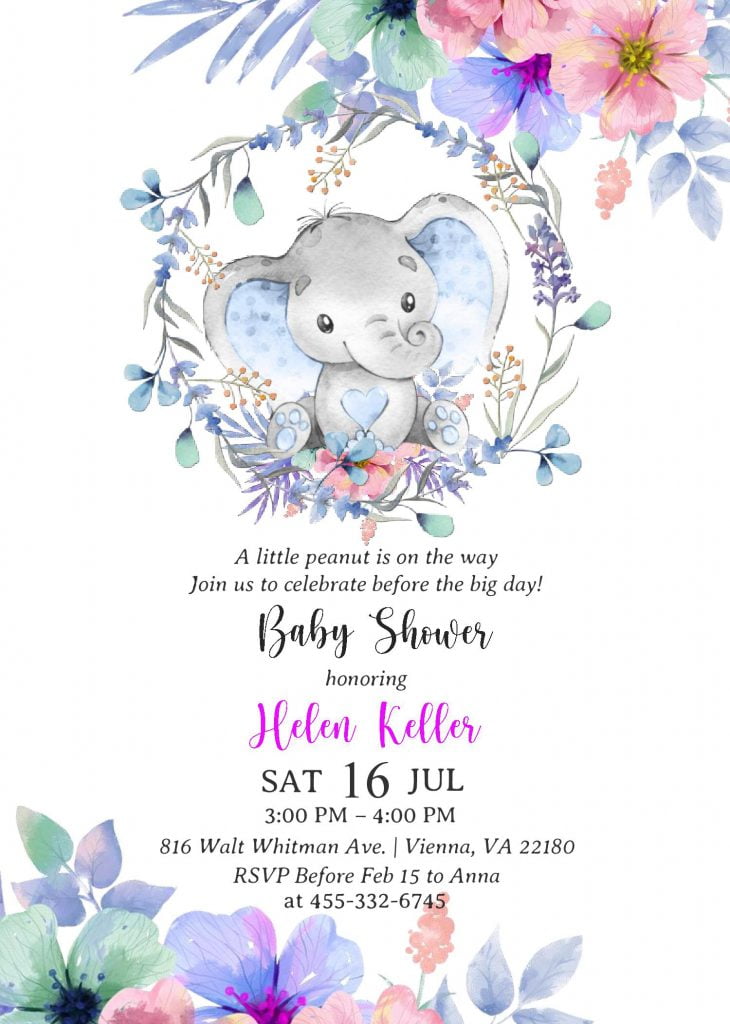 Watercolor Baby Elephant Invitation Templates - Editable With MS Word and has gorgeous floral wreath
