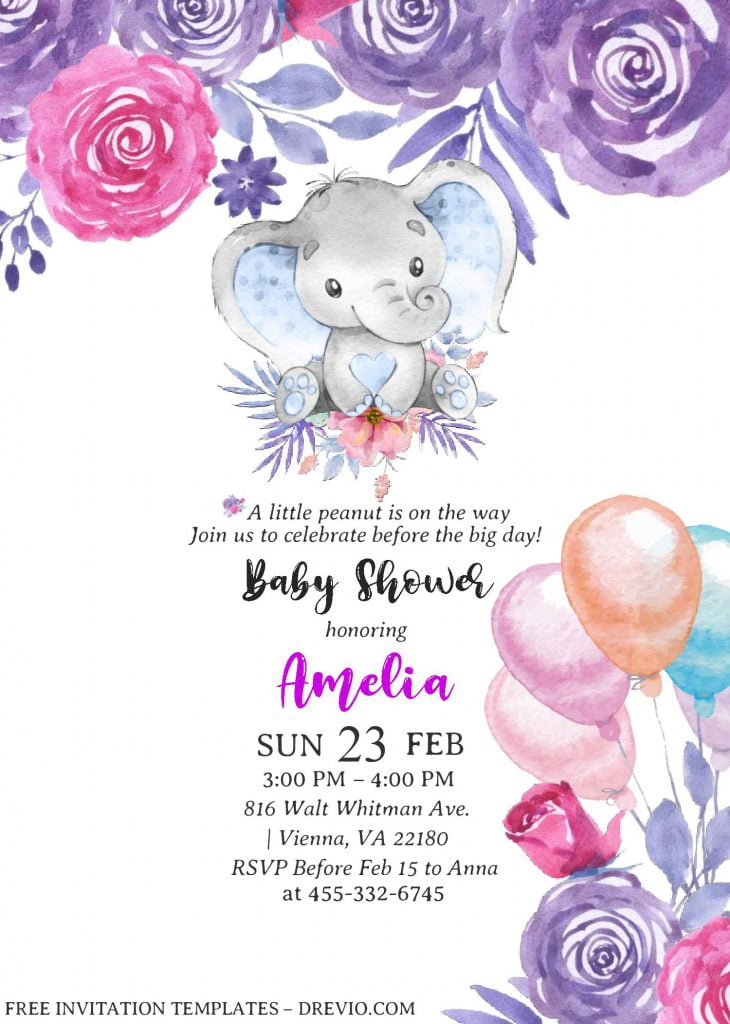 Watercolor Baby Elephant Invitation Templates - Editable With MS Word and has purple floral painting
