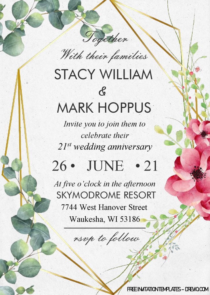 Greenery Gold Geometric Invitation Templates - Editable With MS Word and has eucalyptus flowers