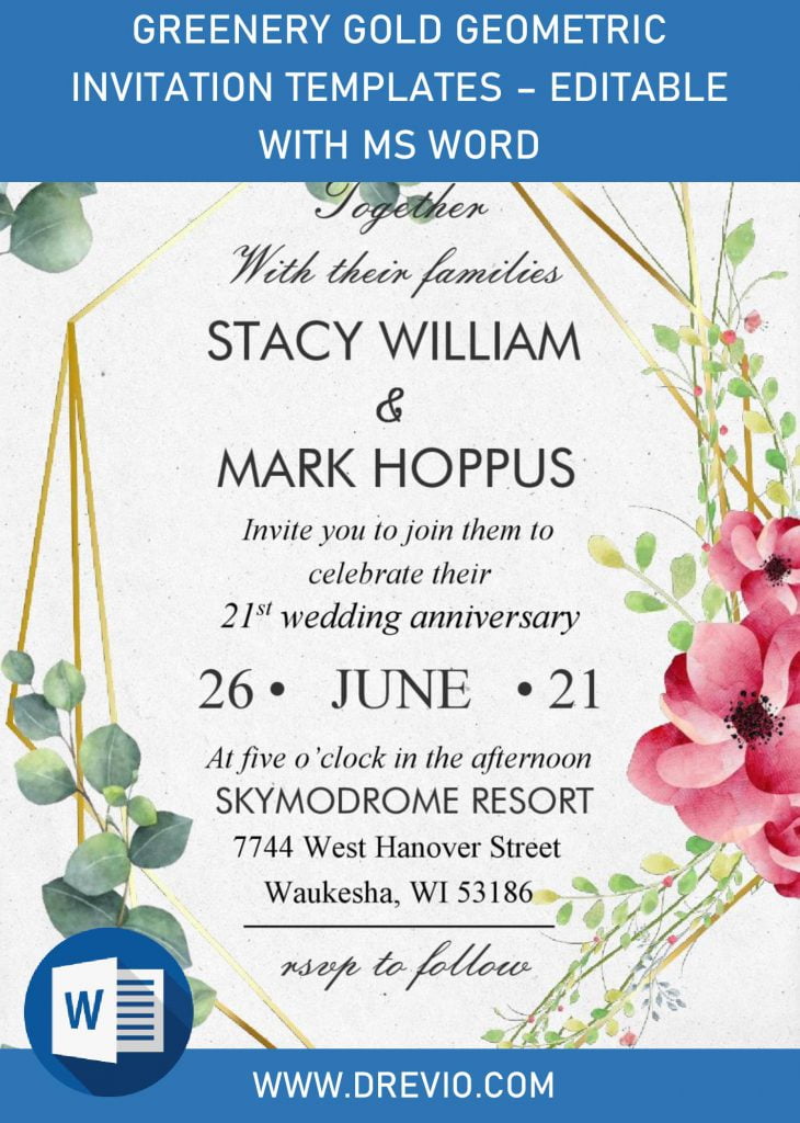 Invitation Template of Greenery Gold Geometric Invitation Templates - Editable With MS Word 1