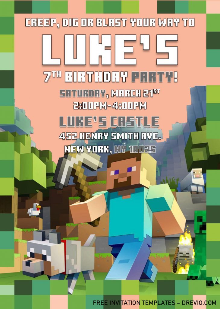 Minecraft Birthday Invitation Templates - Editable With MS Word and has steve and alex