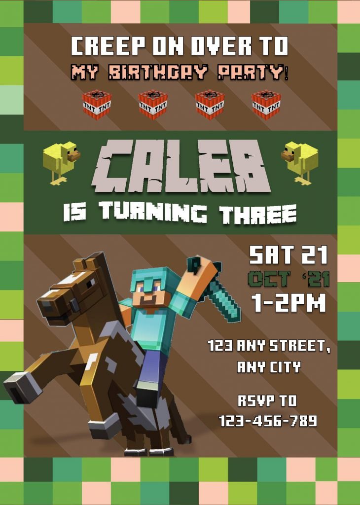 Minecraft Birthday Invitation Templates - Editable With MS Word and has pixel border and green background