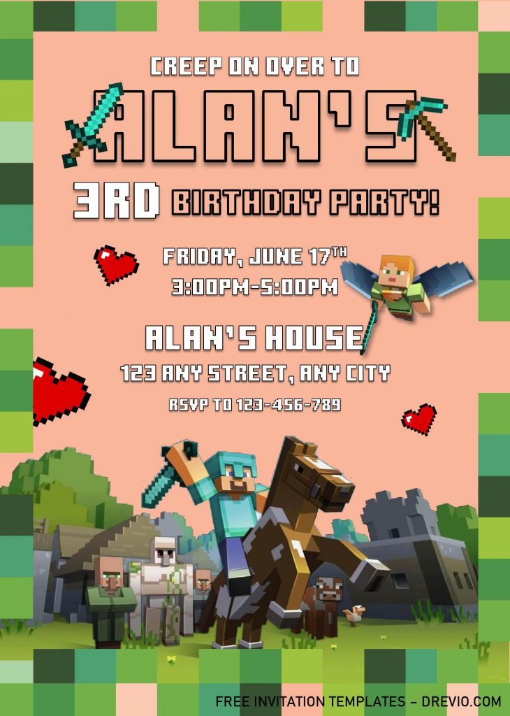 Minecraft Birthday Invitation Templates - Editable With MS Word and has pixelated border