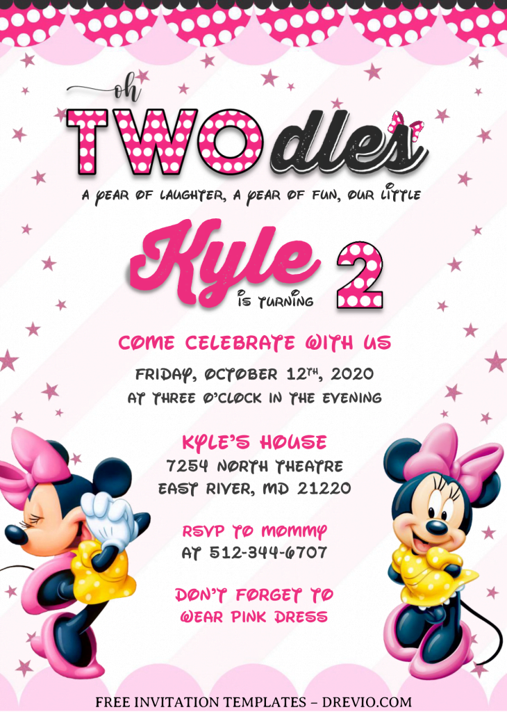 Minnie Mouse Invitation Templates - Editable .DOCX FILE and has cute pink borders